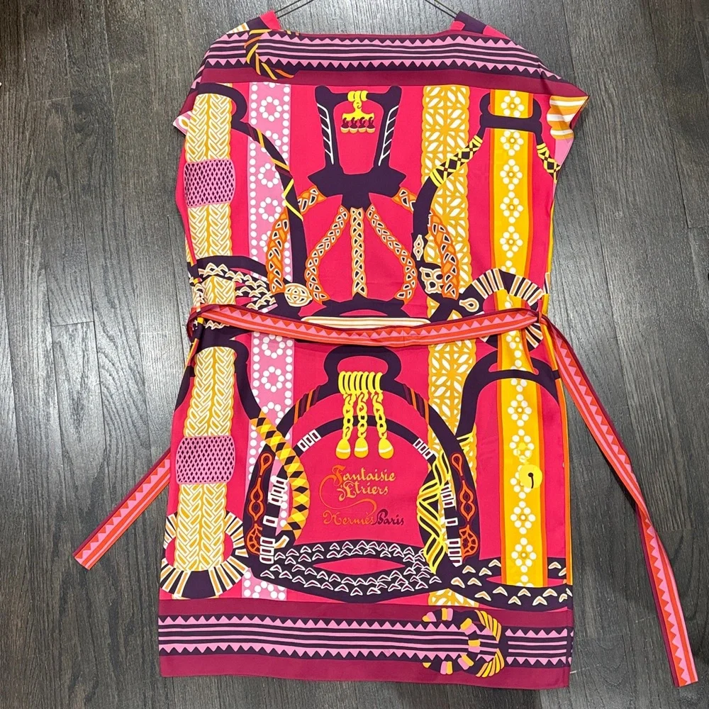 Hermes Silk Pink Printed Belted Mini Dress - Picture 6 of 8